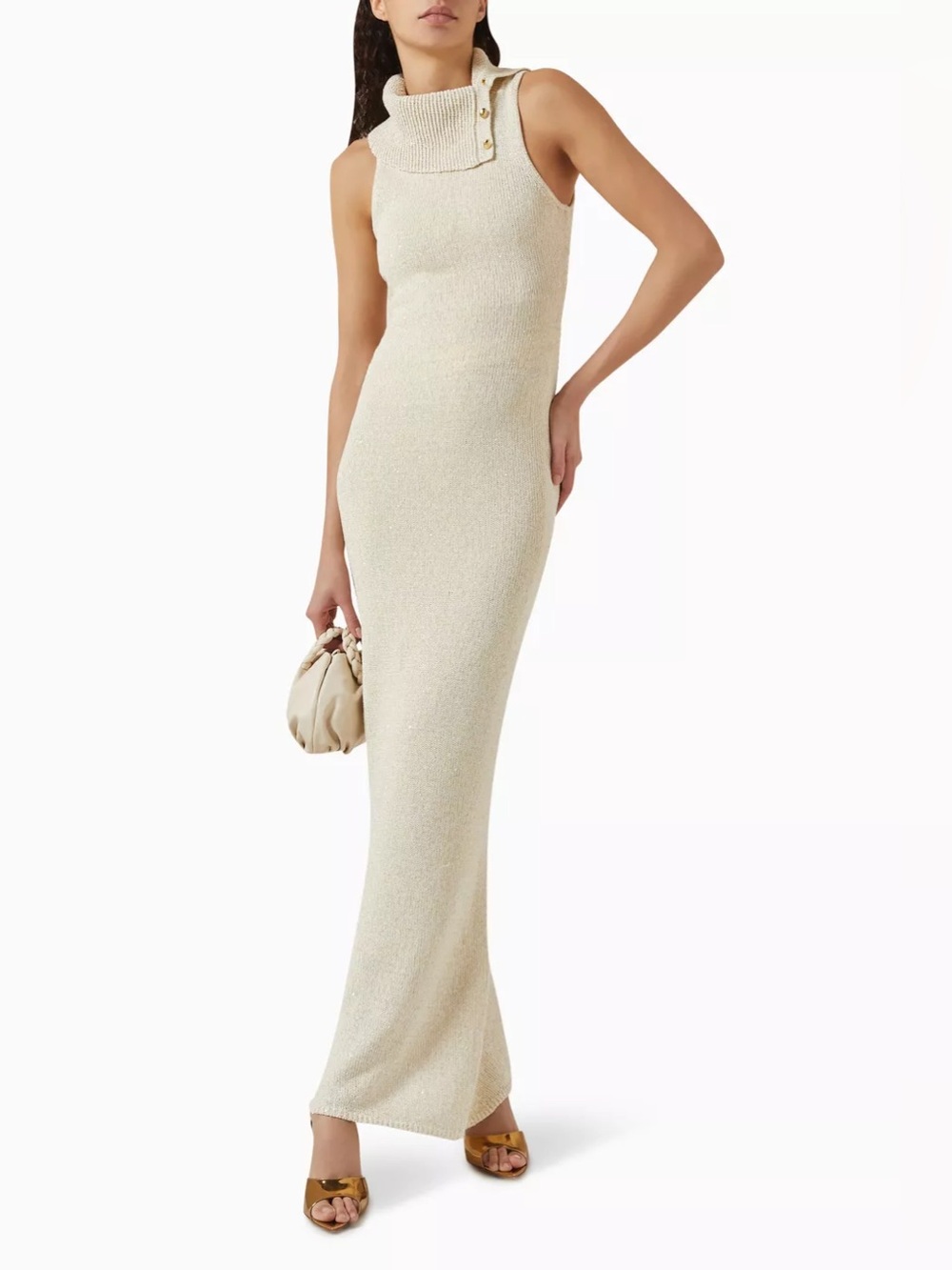 Asta Resort New Without Tag Sleeveless High-Neck Cream Sequins Knit Maxi Dress M